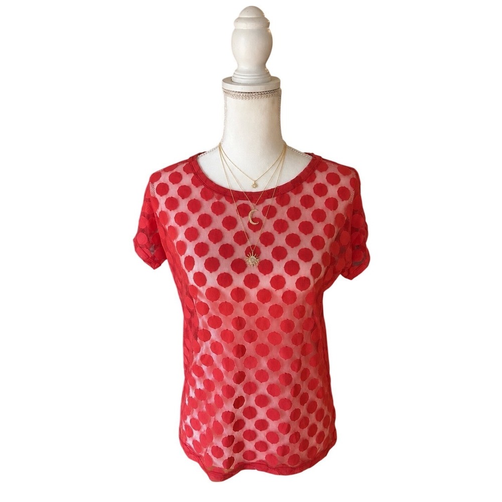 EUC MADEWELL‎ HI-LINE Sz Small Orange Sheer Mesh Like Material w/ Round Patches